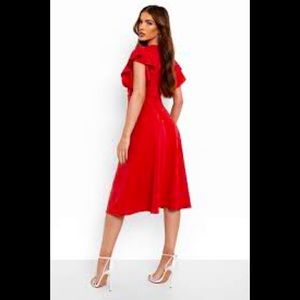 Vintage  Red Flared Dress Sz M Chiffon Gathered Chic Elegance